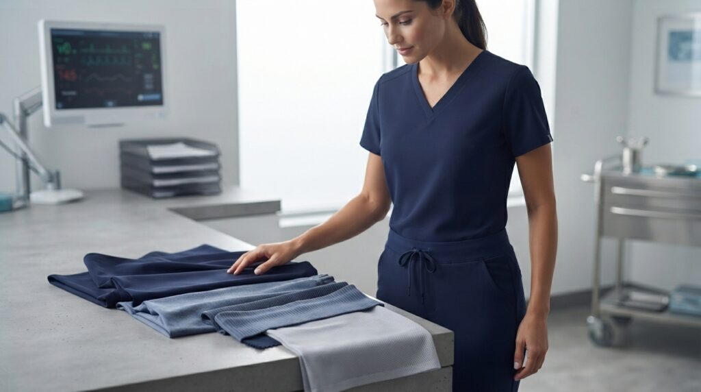 Medical Scrub Fabric Guide: Stretch, Breathability, Drape, and Durability Different medical scrub fabrics showing stretch, texture, and professional healthcare use
