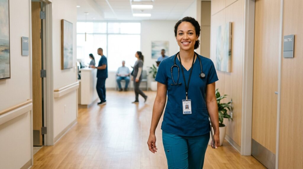 How to Choose Women’s Scrub Tops That Fit Long Shifts Healthcare professional wearing a comfortable women’s scrub top during a clinical shift