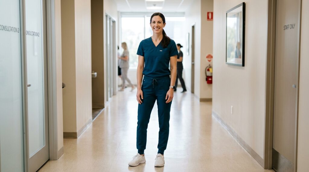 Healthcare worker wearing stylish medical scrubs in a clinic