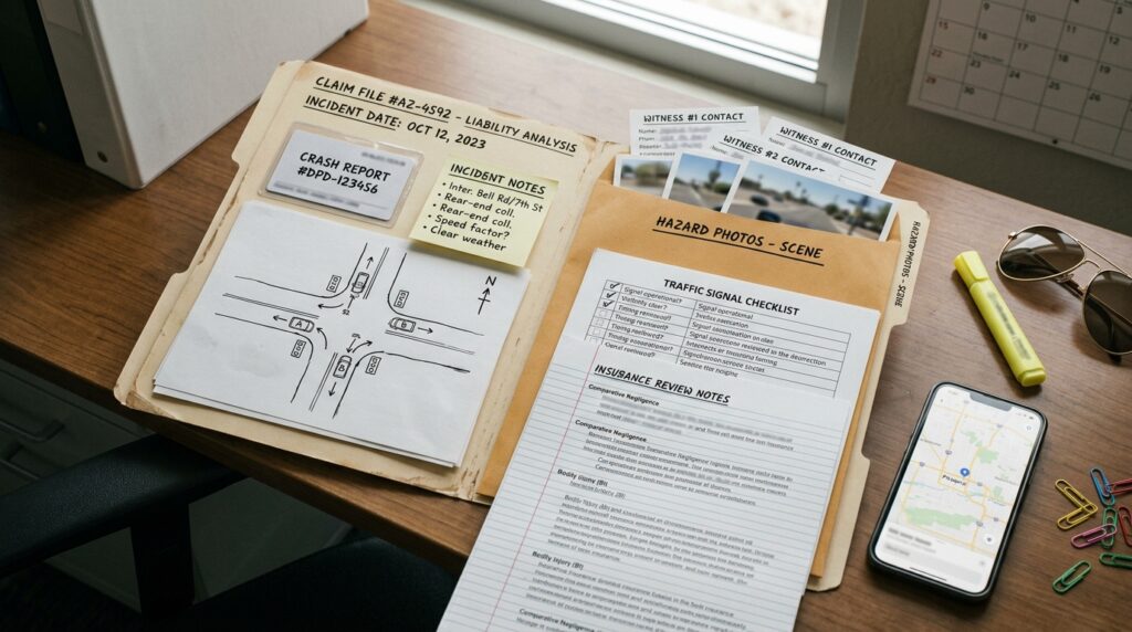 Phoenix injury claim liability file with crash report incident report photos witness cards road layout hazard notes and insurance review checklist