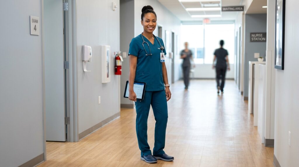 Healthcare worker wearing polished modern medical scrubs
