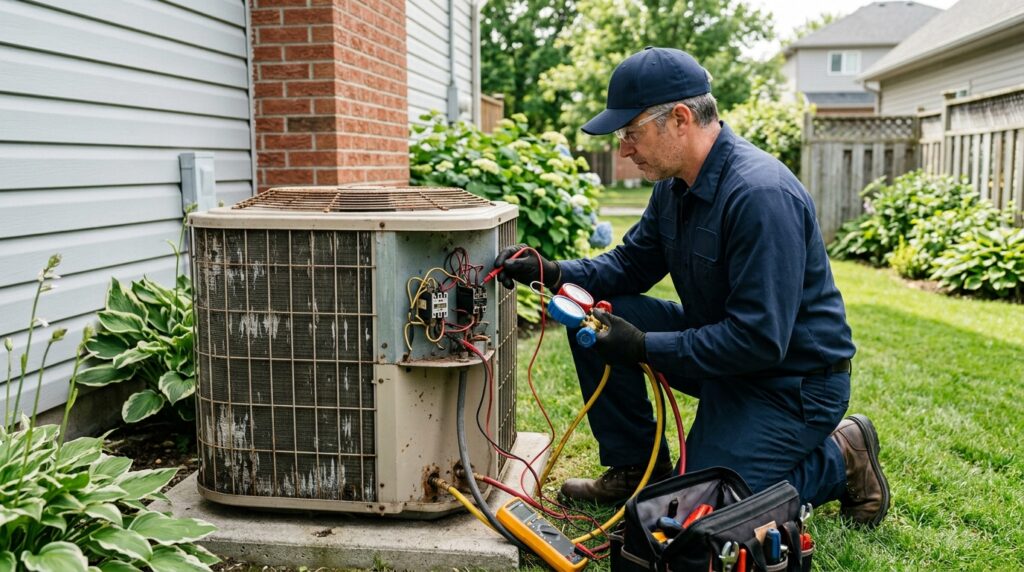 Signs It’s Time to Replace Your AC Unit Aging residential air conditioner being evaluated for replacement