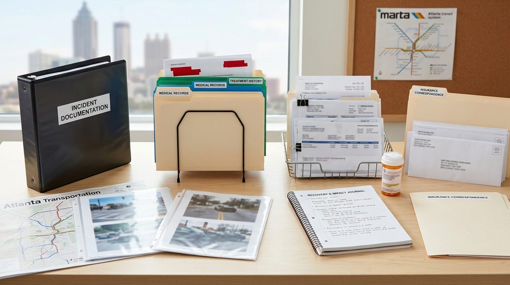 Atlanta injury case evidence organization showing accident scene records medical files employment impact and recovery documentation