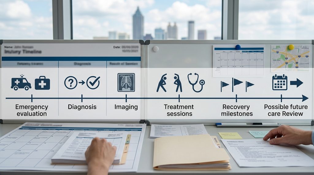 Atlanta injury claim medical timeline showing emergency care diagnosis treatment recovery and future care planning