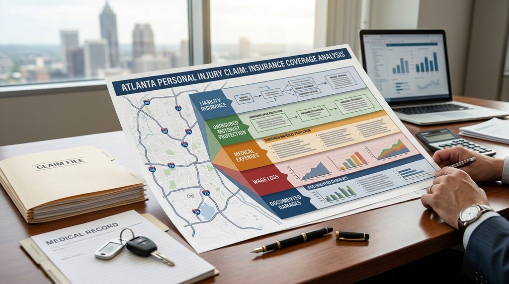 Atlanta personal injury claim insurance coverage map showing liability uninsured motorist and damages evaluation